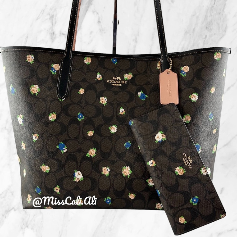 NWT COACH City Tote Bag With Vintage Mini Rose Print & Slim Wallet Set